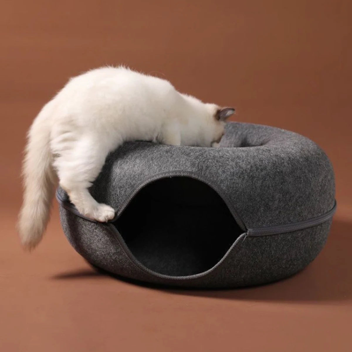 Tunnel-nid en feutre 3-en-1 pour chat — griffoir et couchage